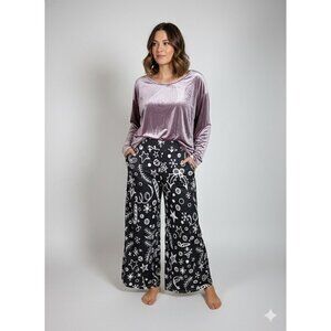 Wide leg Lounge Pants Holiday Graphic Print High Waisted Whimsical XL Black